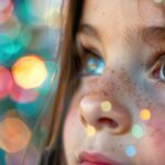 a close up of a little girl surrounded by christmas lights AIG50