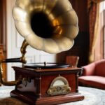 A vintage gramophone with an ornate brass horn, evoking nostalgia and elegance